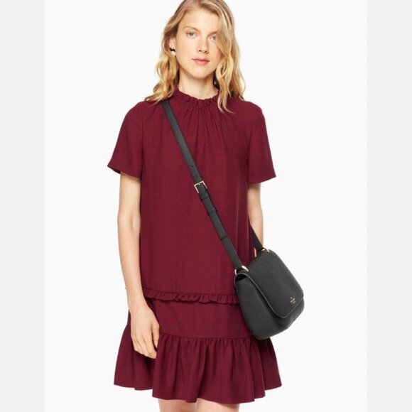 Kate Spade Large Mini Dress Short Sleeve Ruffle Deep Cherry Burgundy - Picture 4 of 10